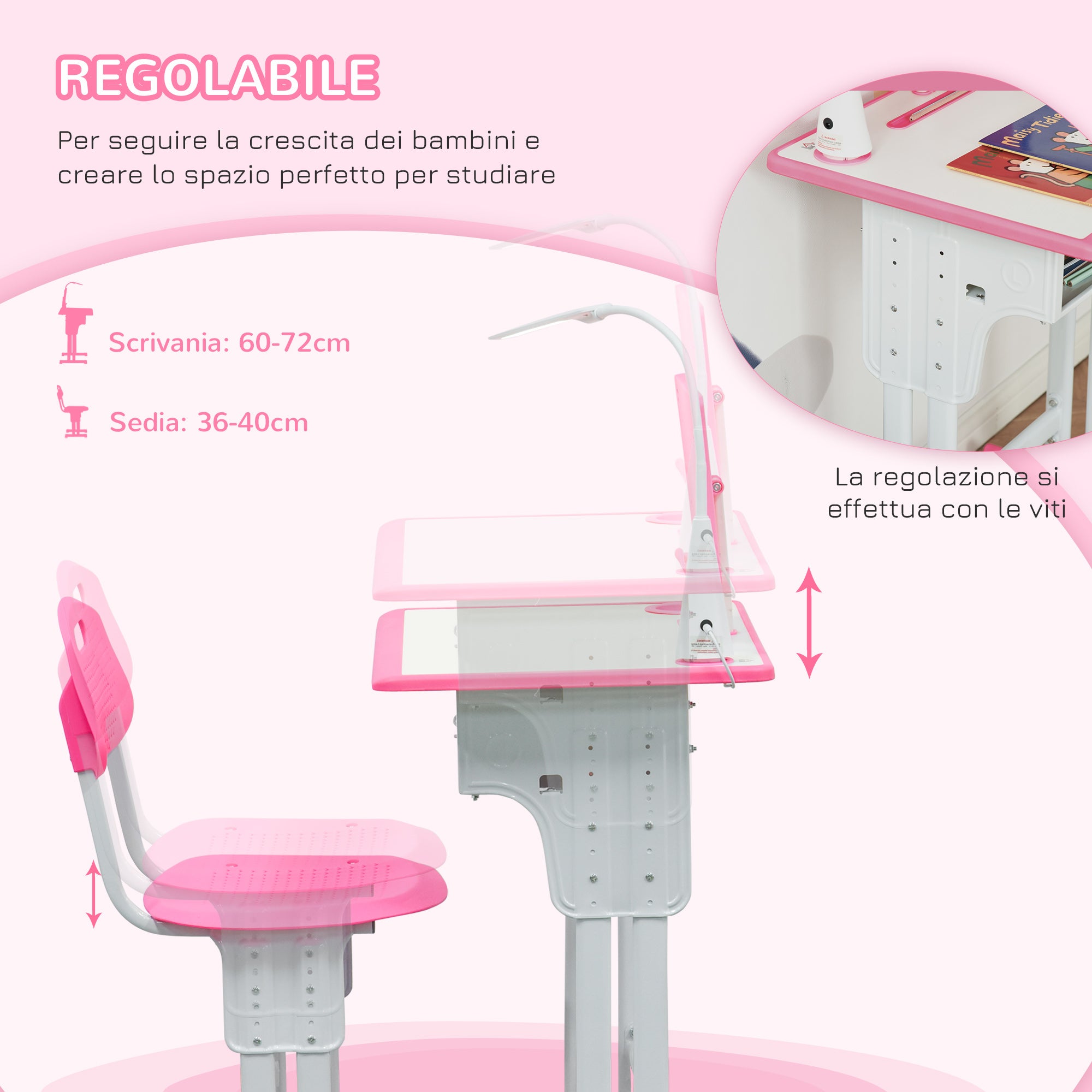 Easycomfort Banco Scuola con Sedia per Bambini 6-12 Anni Altezza Regolabile, Lampada LED, Leggio e Portapenne, Acciaio e MDF, Rosa