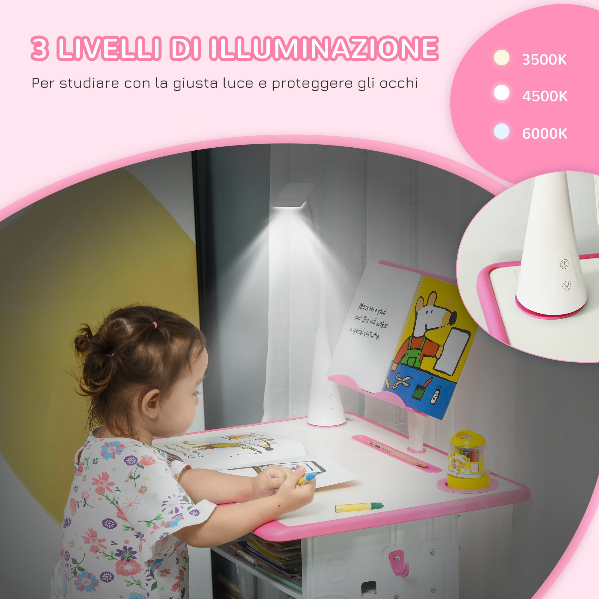 Easycomfort Banco Scuola con Sedia per Bambini 6-12 Anni Altezza Regolabile, Lampada LED, Leggio e Portapenne, Acciaio e MDF, Rosa