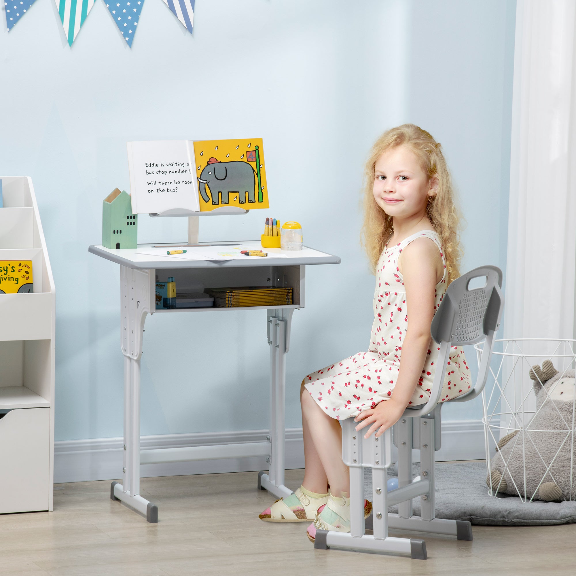 Easycomfort Banco Scuola con Sedia ad Altezza Regolabile e Luce per Bambini 6-12 Anni, Acciaio e MDF, Grigio