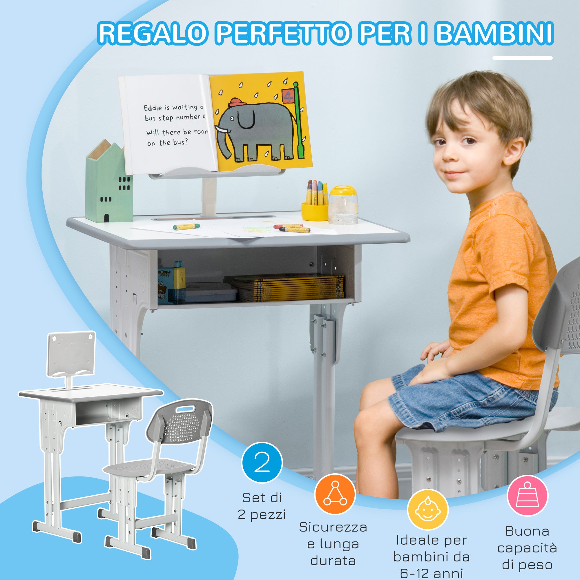 Easycomfort Banco Scuola con Sedia ad Altezza Regolabile e Luce per Bambini 6-12 Anni, Acciaio e MDF, Grigio