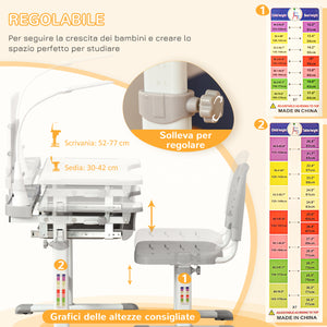 Easycomfort Banco Scuola con Sedia per Bambini 6-12 Anni con Altezza e Inclinazione Regolabile, Grigio