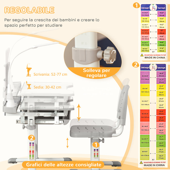 Easycomfort Banco Scuola con Sedia per Bambini 6-12 Anni con Altezza e Inclinazione Regolabile, Grigio