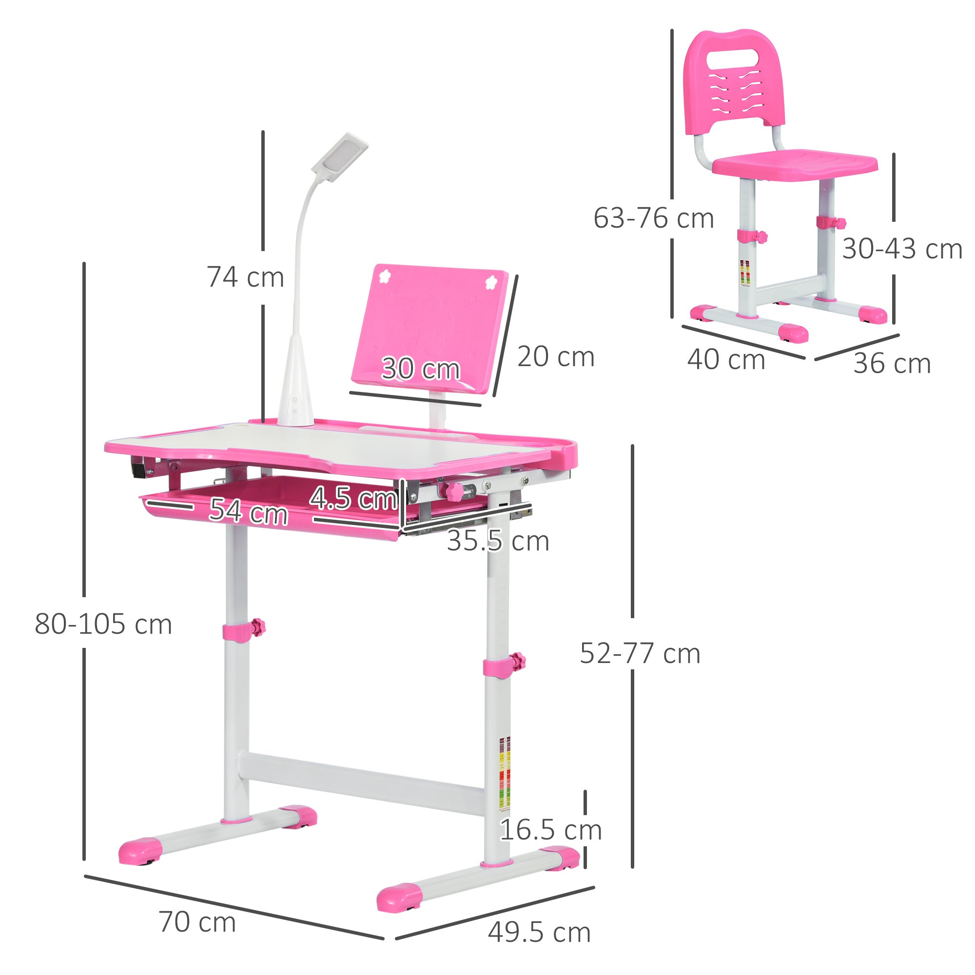 Easycomfort Banco Scuola Regolabile con Sedia per Bambini 6-12 Anni, 70x49.5x80-105 cm, Rosa