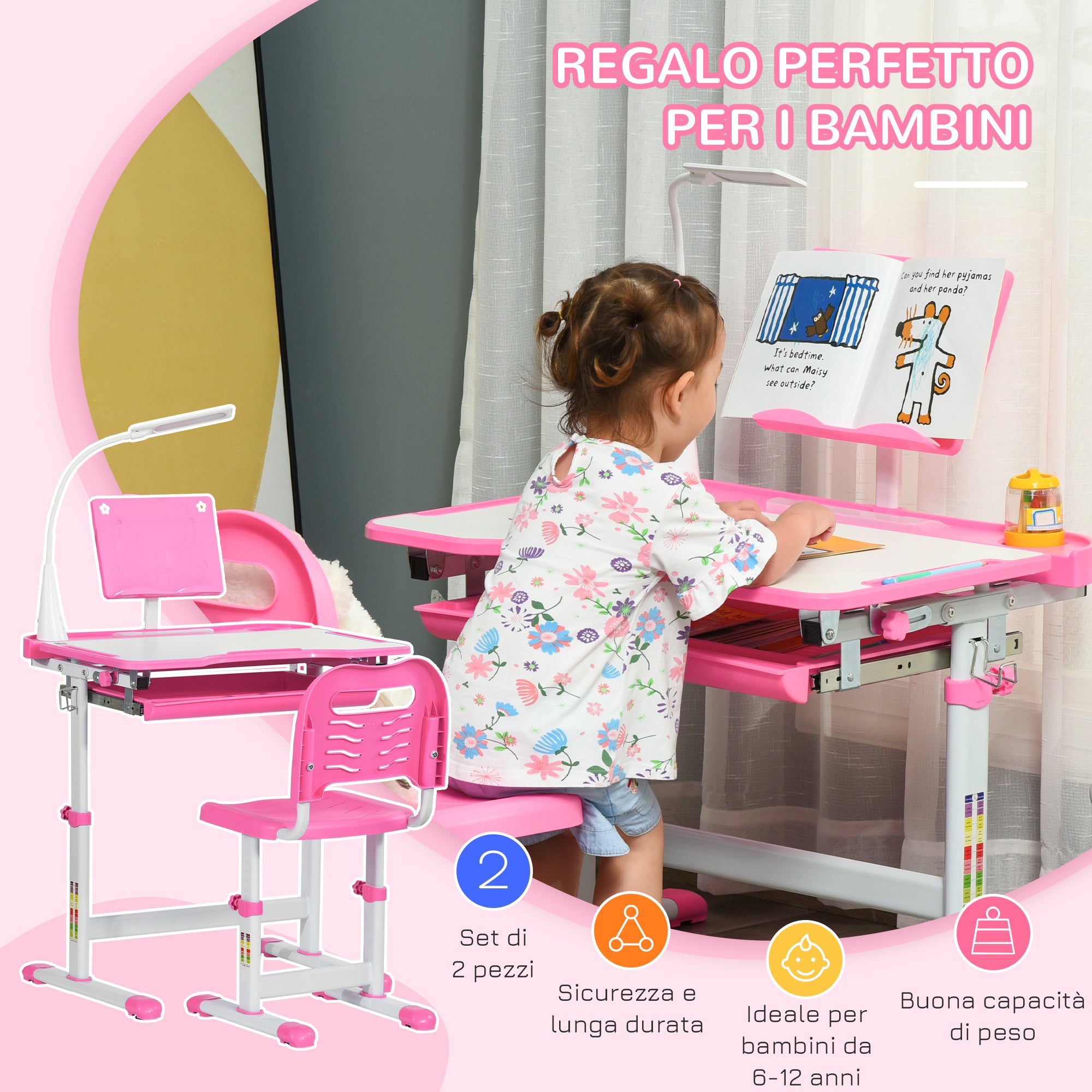 Easycomfort Banco Scuola Regolabile con Sedia per Bambini 6-12 Anni, 70x49.5x80-105 cm, Rosa