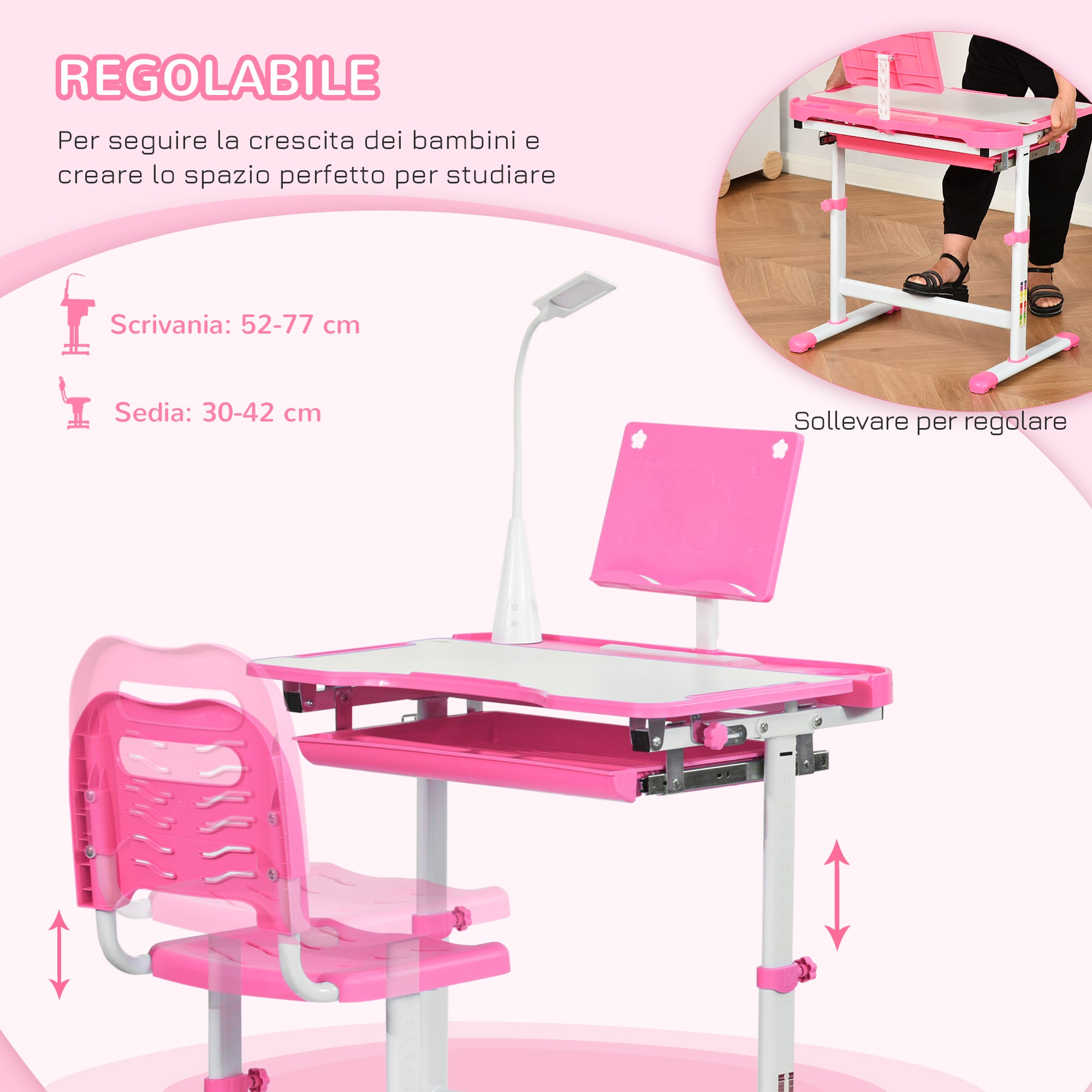 Easycomfort Banco Scuola Regolabile con Sedia per Bambini 6-12 Anni, 70x49.5x80-105 cm, Rosa