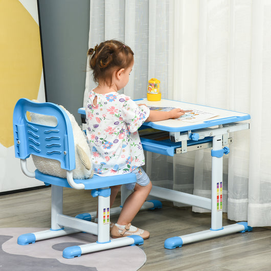 Easycomfort Banco Scuola per Bambini 6-12 Anni con Sedia Regolabile, Cassetto e Piano Inclinabile, 66x47x52-77 cm, Blu