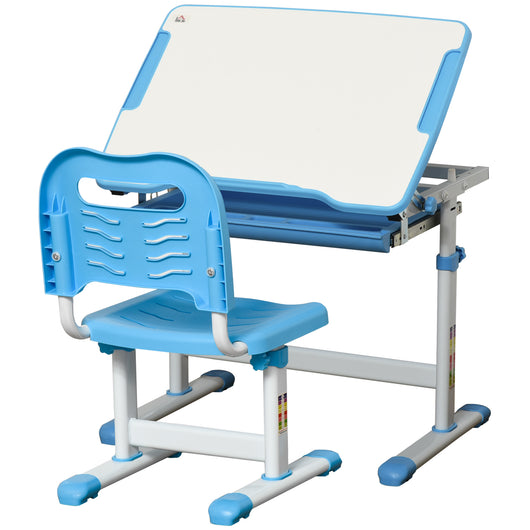 Easycomfort Banco Scuola per Bambini 6-12 Anni con Sedia Regolabile, Cassetto e Piano Inclinabile, 66x47x52-77 cm, Blu