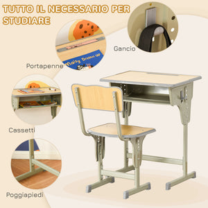 Easycomfort Banco Scuola con Sedia per Bambini 6-12 Anni Altezza Regolabile, Vano Contenitore e Portapenne, Acciaio e MDF, Color Legno