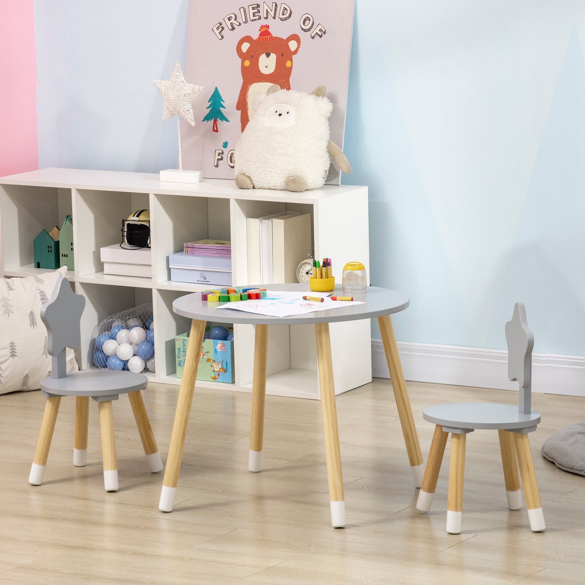 Easycomfort Set Tavolo con 2 Sedie per Bambini in Legno, Età da 18 Mesi a 4 Anni, Grigio