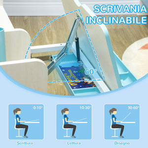 Easycomfort Banco Scuola con Sedia per Bambini 3-12 Anni, Altezza Regolabile e Piano Inclinabile, Azzurro