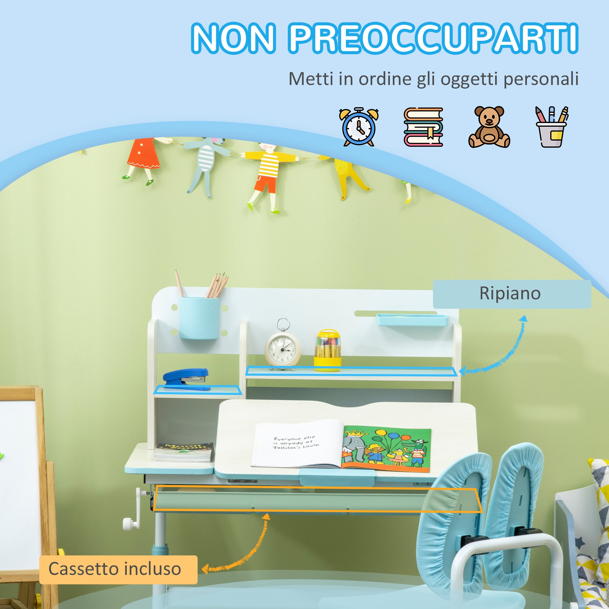 Easycomfort Banco Scuola con Sedia per Bambini 3-12 Anni, Altezza Regolabile e Piano Inclinabile, Azzurro