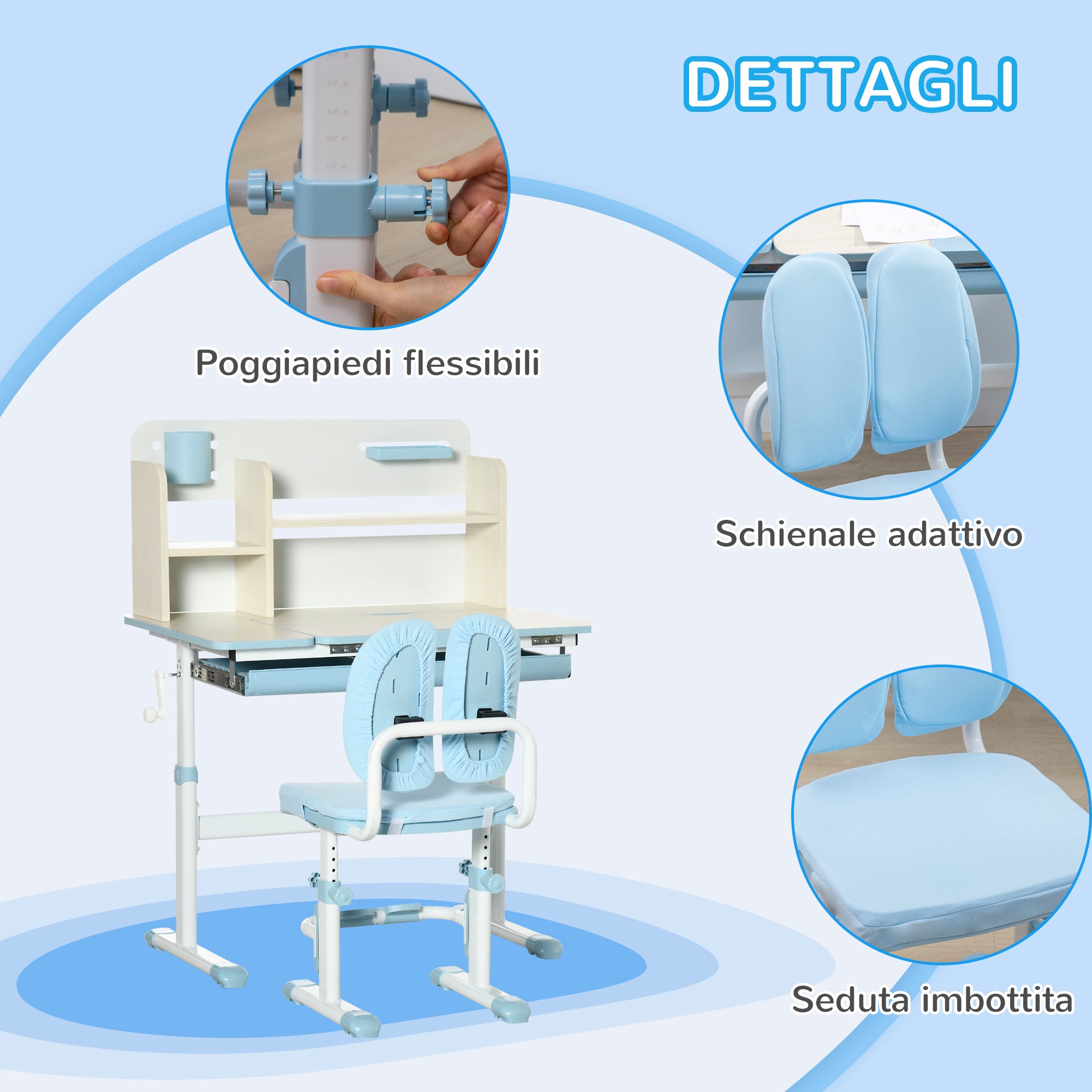 Easycomfort Banco Scuola con Sedia per Bambini 3-12 Anni, Altezza Regolabile e Piano Inclinabile, Azzurro