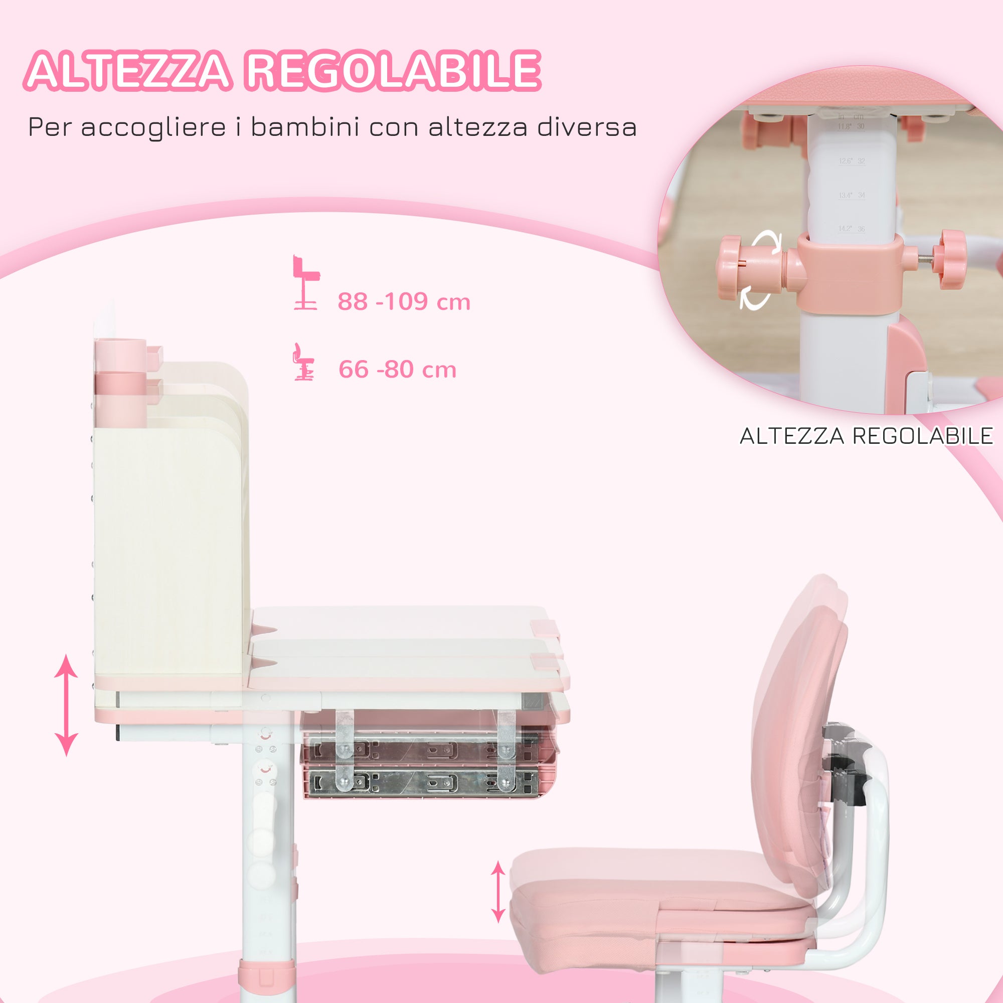 Easycomfort Banco Scuola con Sedia per Bambini 3-12 Anni, Altezza Regolabile e Piano Inclinabile, Rosa