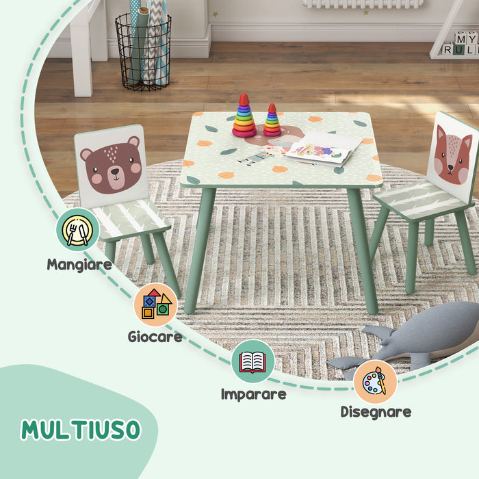 EasycomfortZONEKIZ Set Tavolo e Sedie 3 Pezzi per Bambini 3-8 Anni in MDF e Legno di Pino, Verde