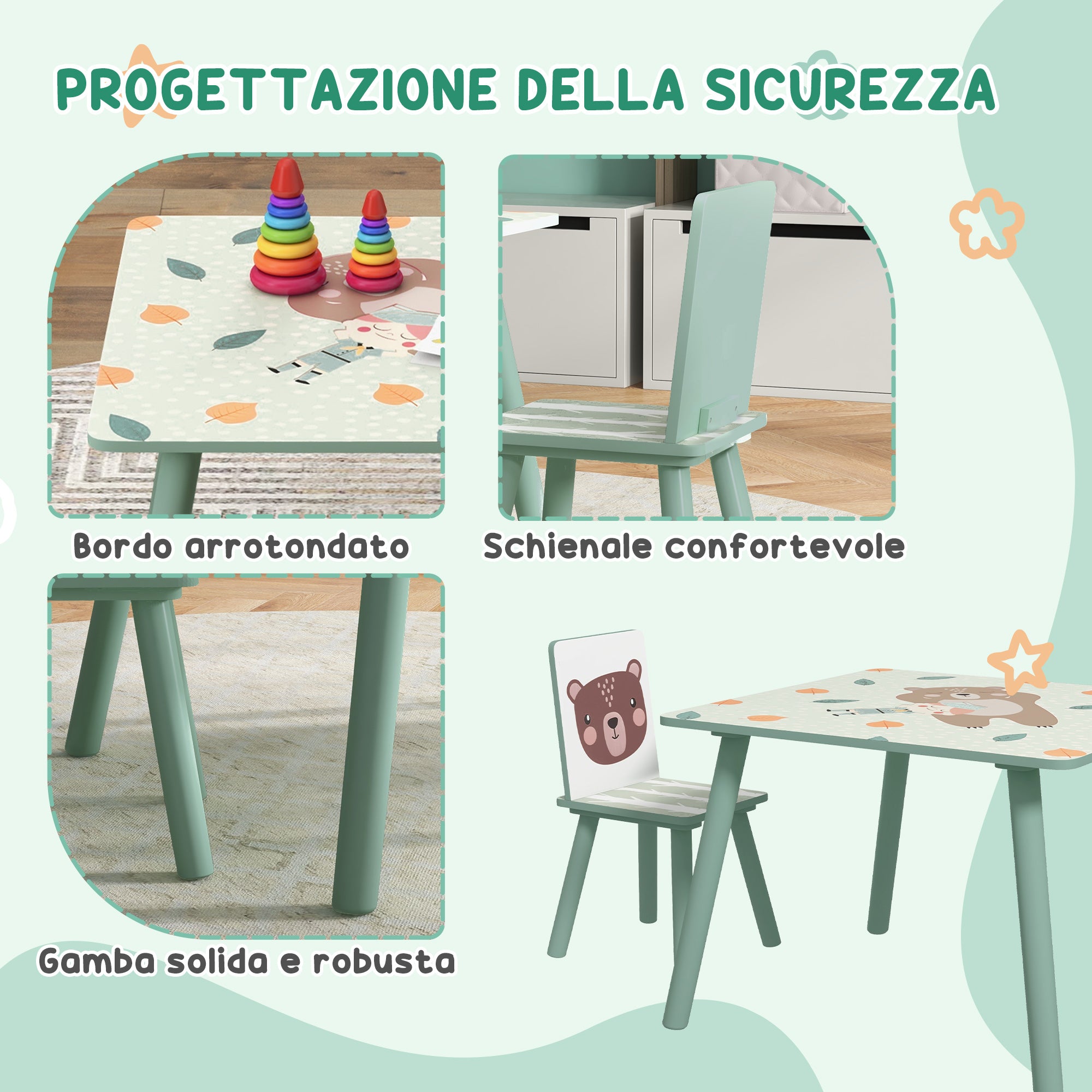 EasycomfortZONEKIZ Set Tavolo e Sedie 3 Pezzi per Bambini 3-8 Anni in MDF e Legno di Pino, Verde