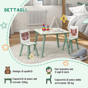 EasycomfortZONEKIZ Set Tavolo e Sedie 3 Pezzi per Bambini 3-8 Anni in MDF e Legno di Pino, Verde