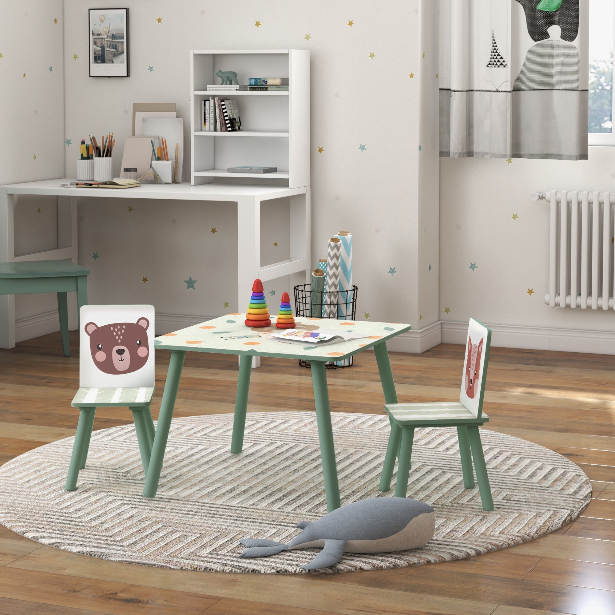 EasycomfortZONEKIZ Set Tavolo e Sedie 3 Pezzi per Bambini 3-8 Anni in MDF e Legno di Pino, Verde