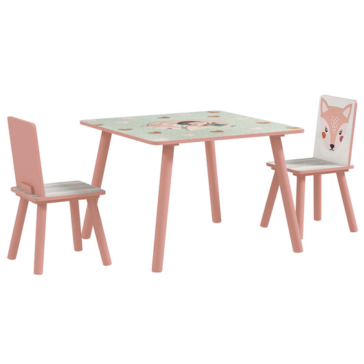 EasycomfortZONEKIZ Set Tavolo e Sedie 3 Pezzi per Bambini 3-8 Anni in MDF e Legno di Pino con Disegni di Animali, Rosa
