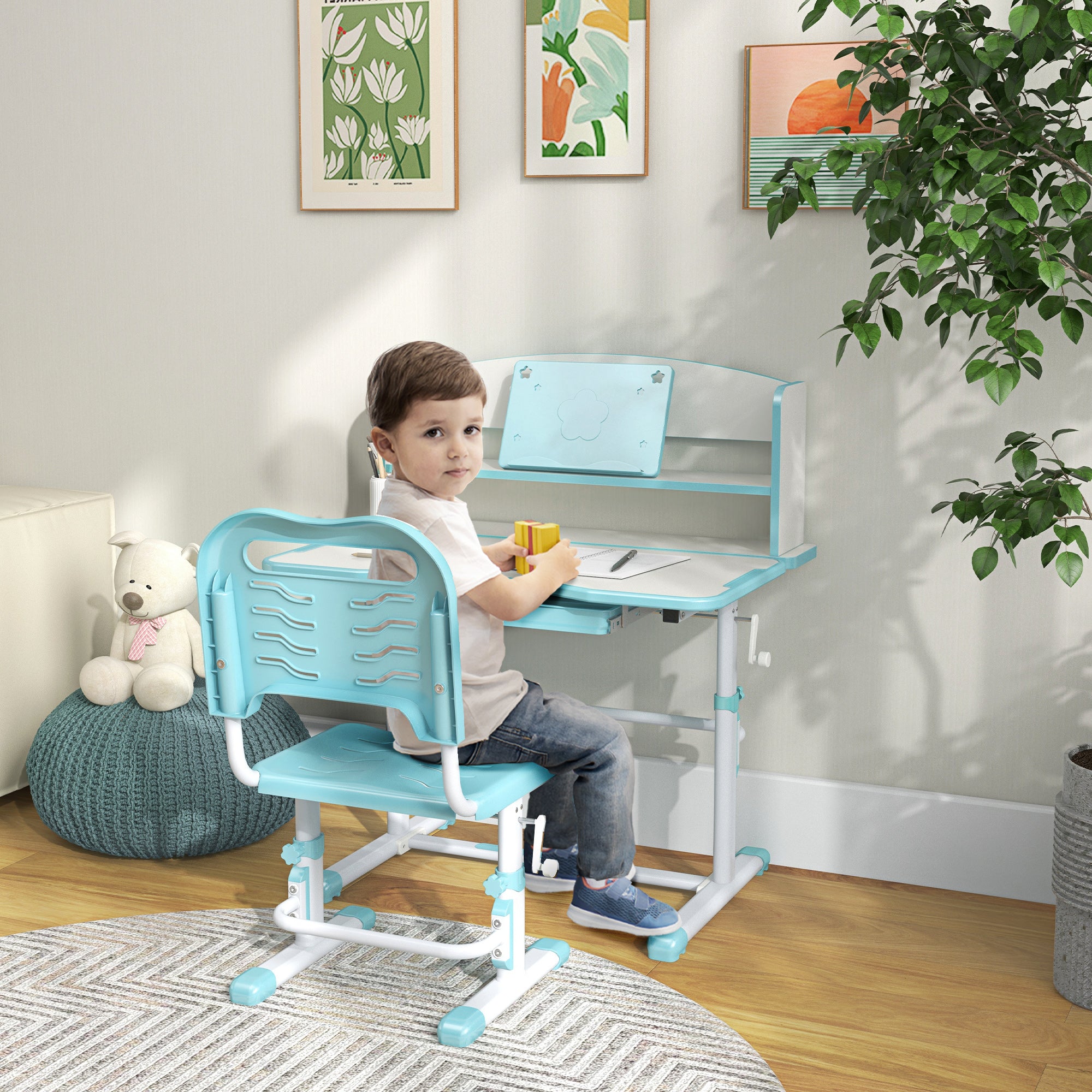 Easycomfort Set Scrivania per Bambini con Sedia Regolabile in Altezza e Piano Inclinabile, Età 6-12 Anni, Blu