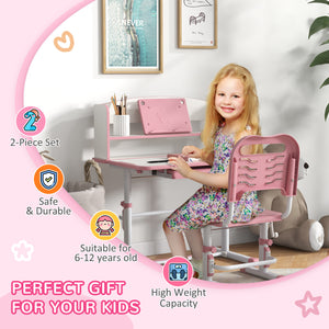 EasycomfortZONEKIZ Set Scrivania per Bambini con Sedia Regolabile in Altezza e Piano Inclinabile, Età 6-12 Anni, Rosa