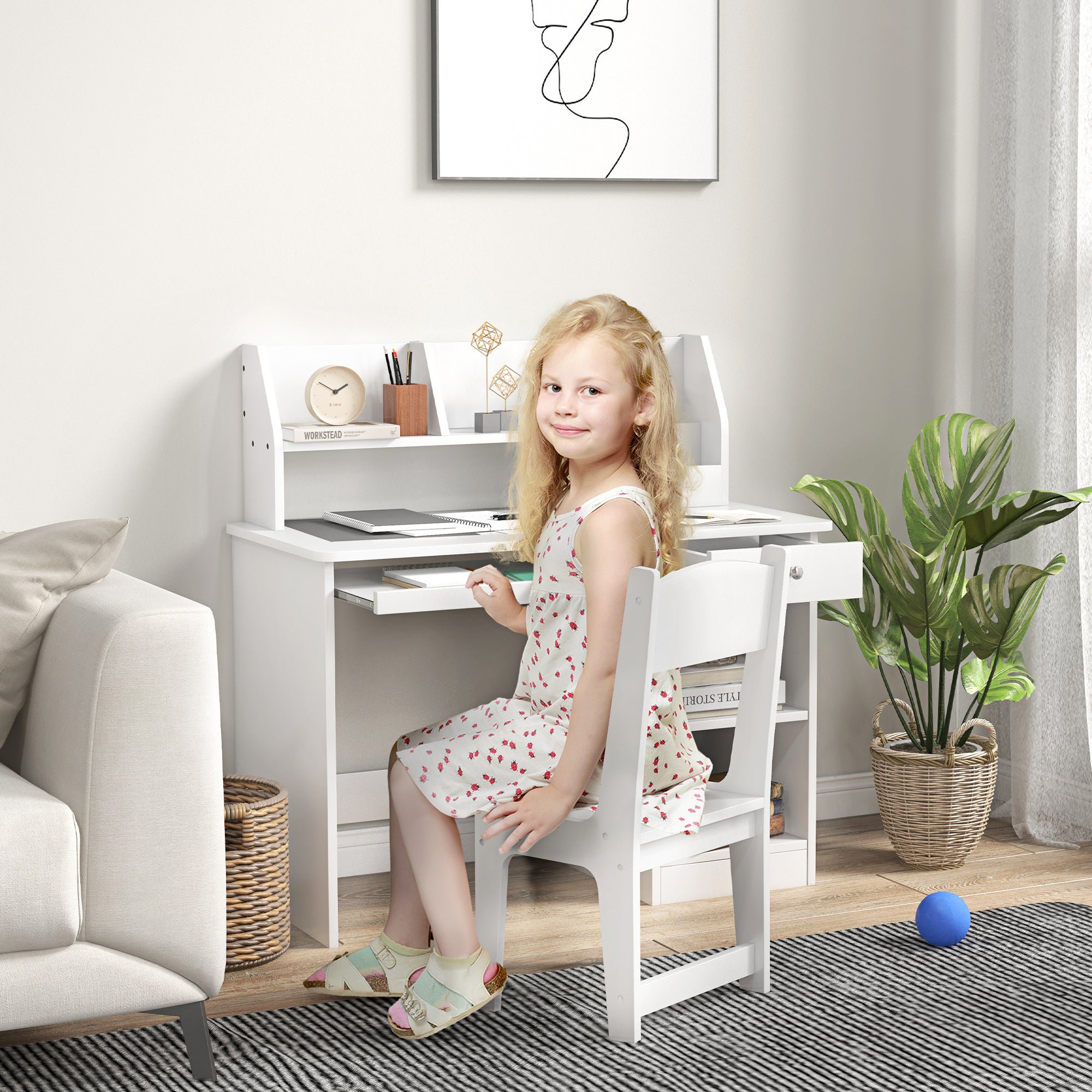 EasycomfortZONEKIZ Banco Scuola e Sedia per Bambini da 5-8 Anni con Scaffale e Mensola Estraibile in Legno Bianco