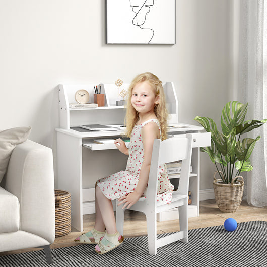 EasycomfortZONEKIZ Banco Scuola e Sedia per Bambini da 5-8 Anni con Scaffale e Mensola Estraibile in Legno Bianco
