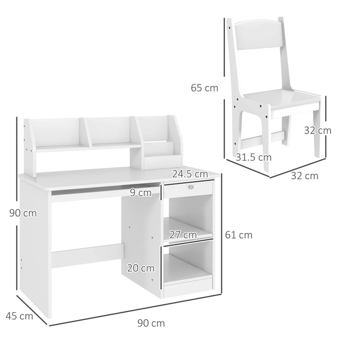 EasycomfortZONEKIZ Banco Scuola e Sedia per Bambini da 5-8 Anni con Scaffale e Mensola Estraibile in Legno Bianco