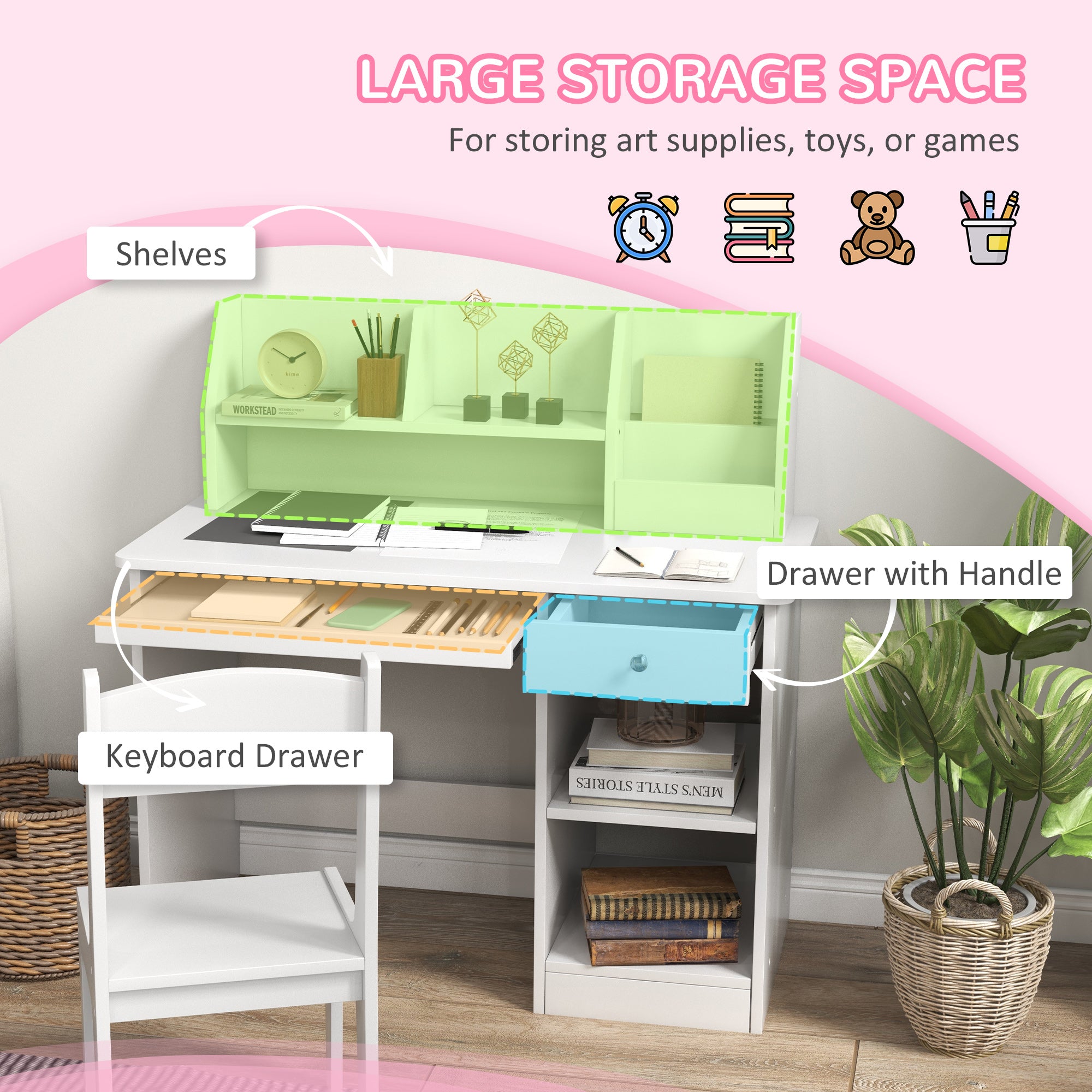 EasycomfortZONEKIZ Banco Scuola e Sedia per Bambini da 5-8 Anni con Scaffale e Mensola Estraibile in Legno Bianco