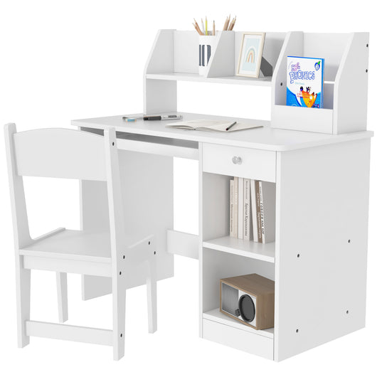 EasycomfortZONEKIZ Banco Scuola e Sedia per Bambini da 5-8 Anni con Scaffale e Mensola Estraibile in Legno Bianco