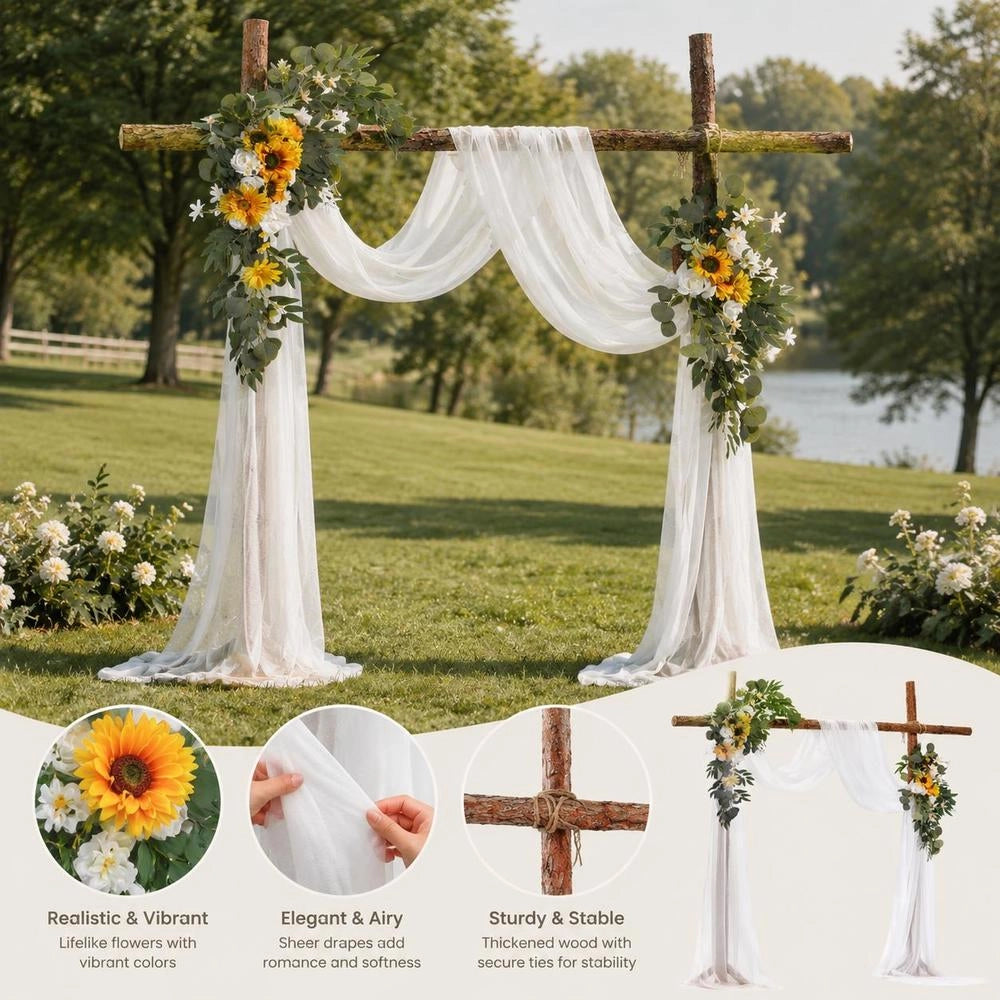 Yellow Artificial Flower Wedding Decoration Kit, Includes 2 Floral Garlands And 1 Sheer Curtain, Easy Assembly Stable Structure For Bride Engagement Party Dinner Background Decor
