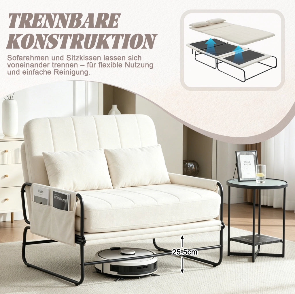 Divano letto 2 posti trasformabile 104x85x92 cm in chenille beige con struttura in metallo
