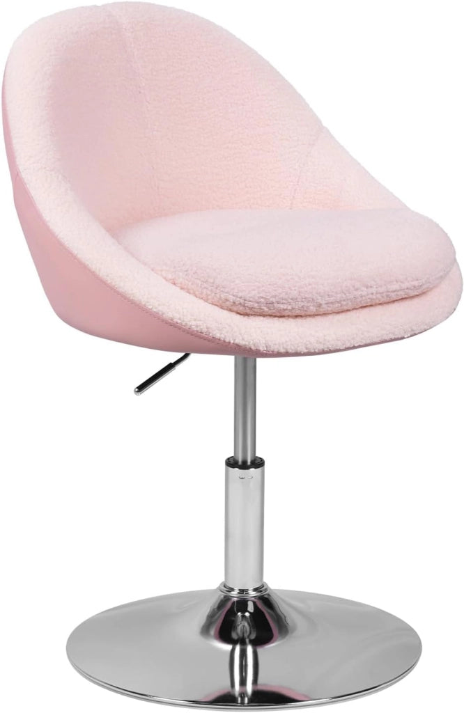 Sgabello per Toeletta Trucco con Schienale, Sedia Moderna Sala da Pranzo Girevole a 360°, Altezza Regolabile, in Tessuto Teddy e PU, per Camera da Letto, Ufficio Domestico, Bianco+Grigio