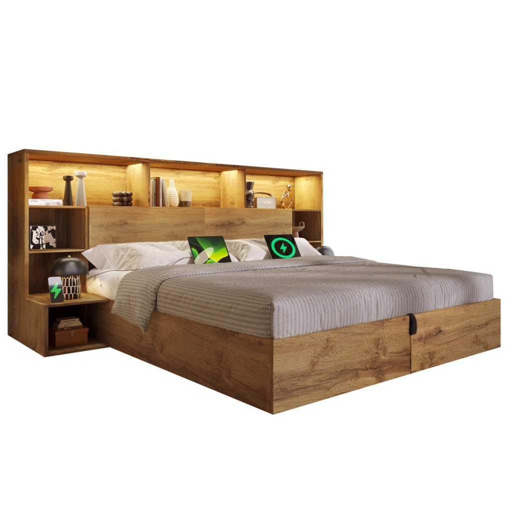 Letto matrimoniale 160x200 cm effetto rovere con contenitore, LED, USB e comodini
