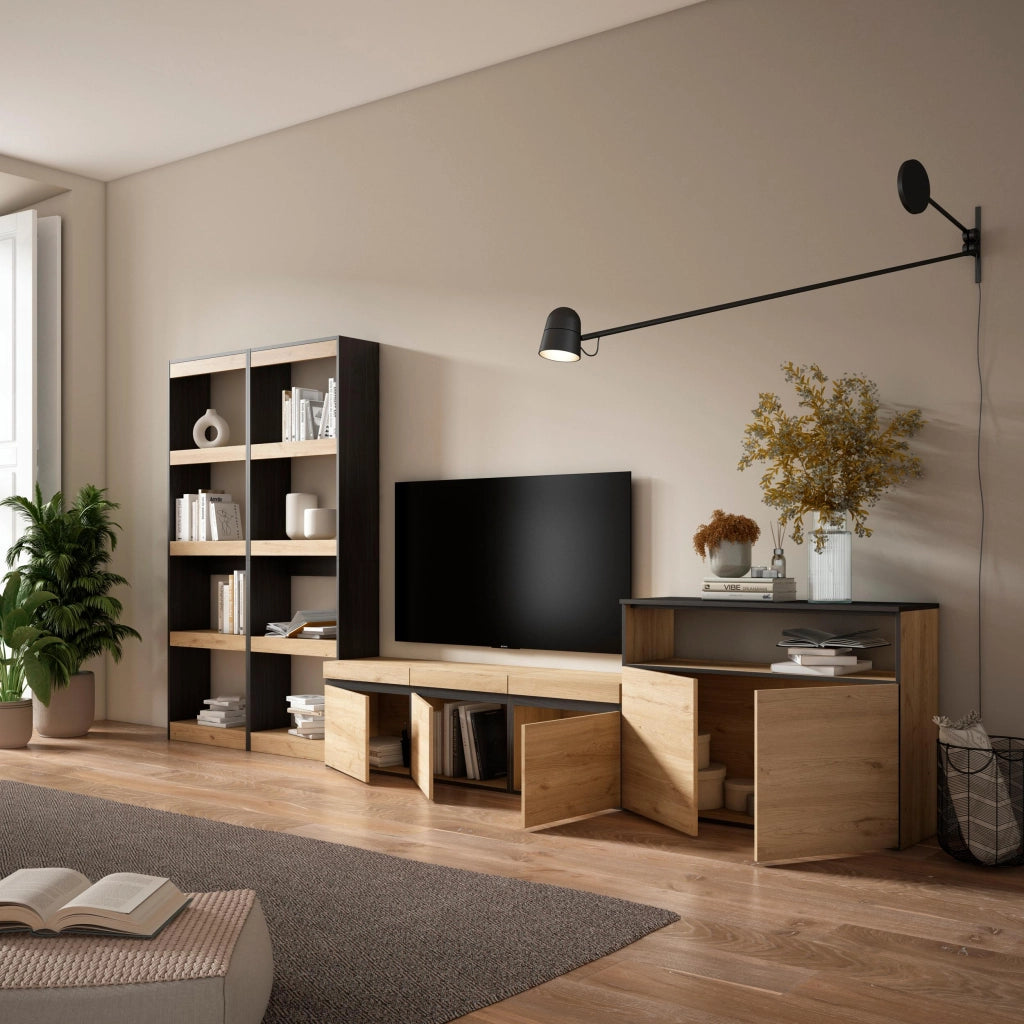Mobile TV, Soggiorno, 370x35x186cm, Per TV fino a 65", Set di mobili, colore Rovere e nero RF3181