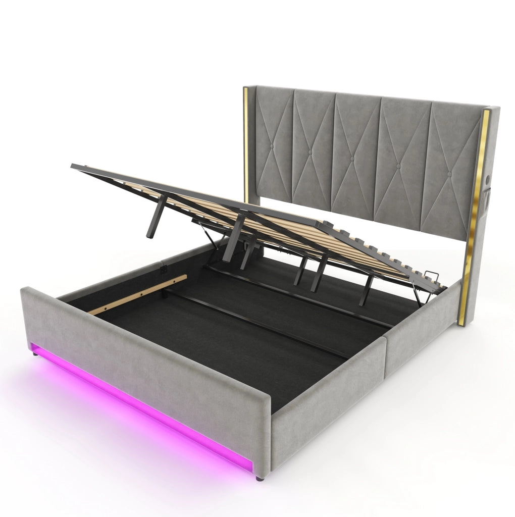 Letto imbottito 180x200 cm con contenitore; USB Type-C e LED in velluto grigio scuro