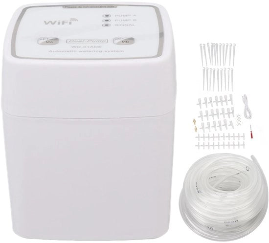 Set di irrigazione a gocce Wi-Fi - Kit di automazione dell'irrigazione - Comando a distanza - Adatto per 20 piante da vaso - Dispositivo di irrigazione a gocce digitale - Codice prodotto: 123456 - Modello: SC-20W