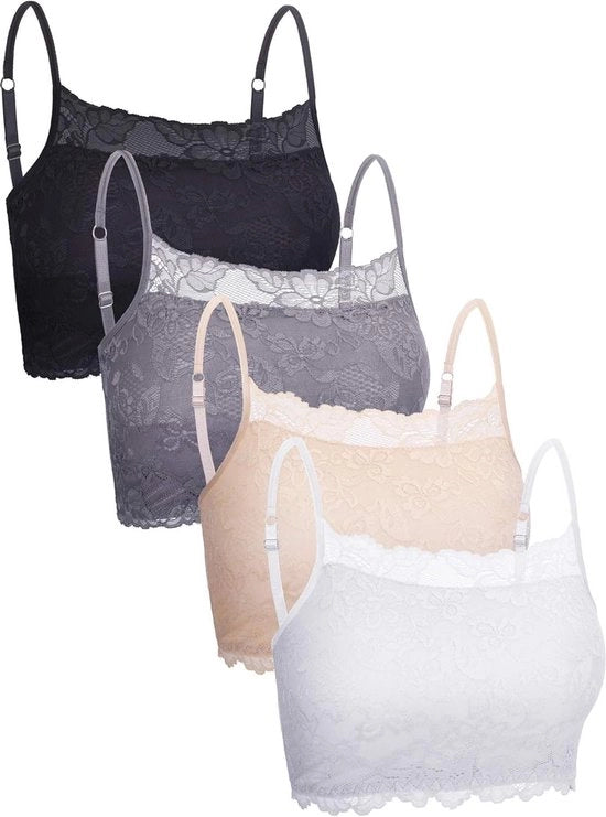 Camisetta con cintura elastica per donne e ragazze con stile a bandeau, non imbottita, 4 pezzi - Nero, Bianco e beige