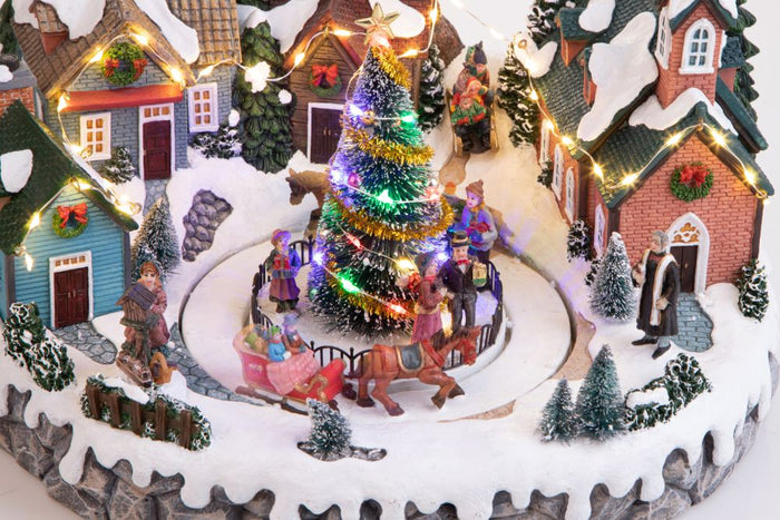 Villaggio Natalizio Piazza Albero Luci Musica e Movimento 36 cm in Resina