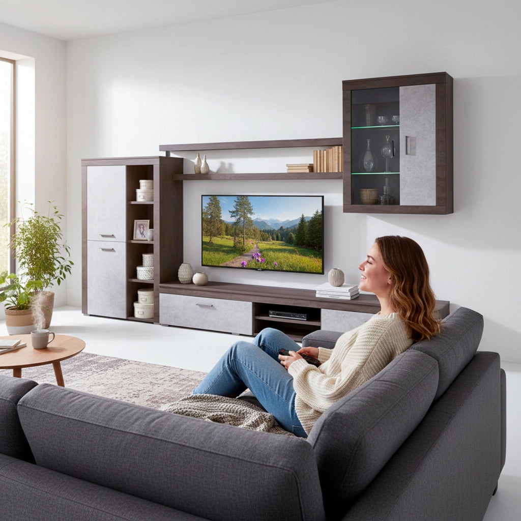 Parete Attrezzata Moderna Per Salotto Soggiorno Con Vetrinetta Ante Mensole Vani A Giorno Mobile TV Design Moderno Moduli Sospesi 293 X 193 X 50 Cm Ossido E Grigio Cemento
