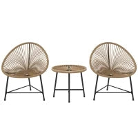 Set da Giardino 3 Pezzi in Rattan PE e Acciaio con 2 Sedie Ovali e Tavolino da Caffè, Nero e color Legno