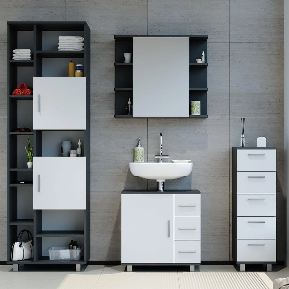 Set mobili bagno Ilias, Antracite, 60 cm, composto da mobile lavabo, pensile a specchio, colonna e base media