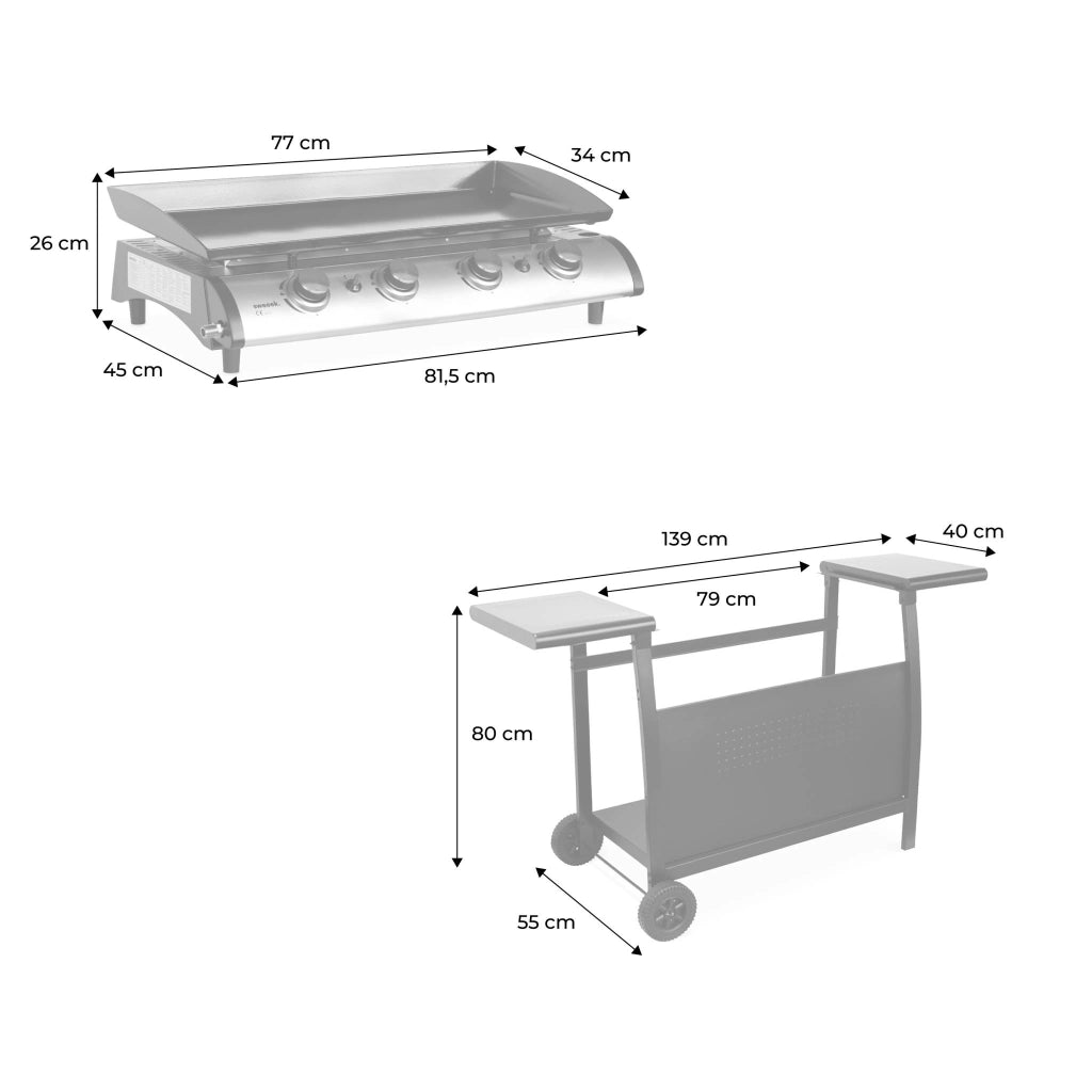 Piastra plancha a gas in acciaio inox con 4 bruciatori 10kw, carrello