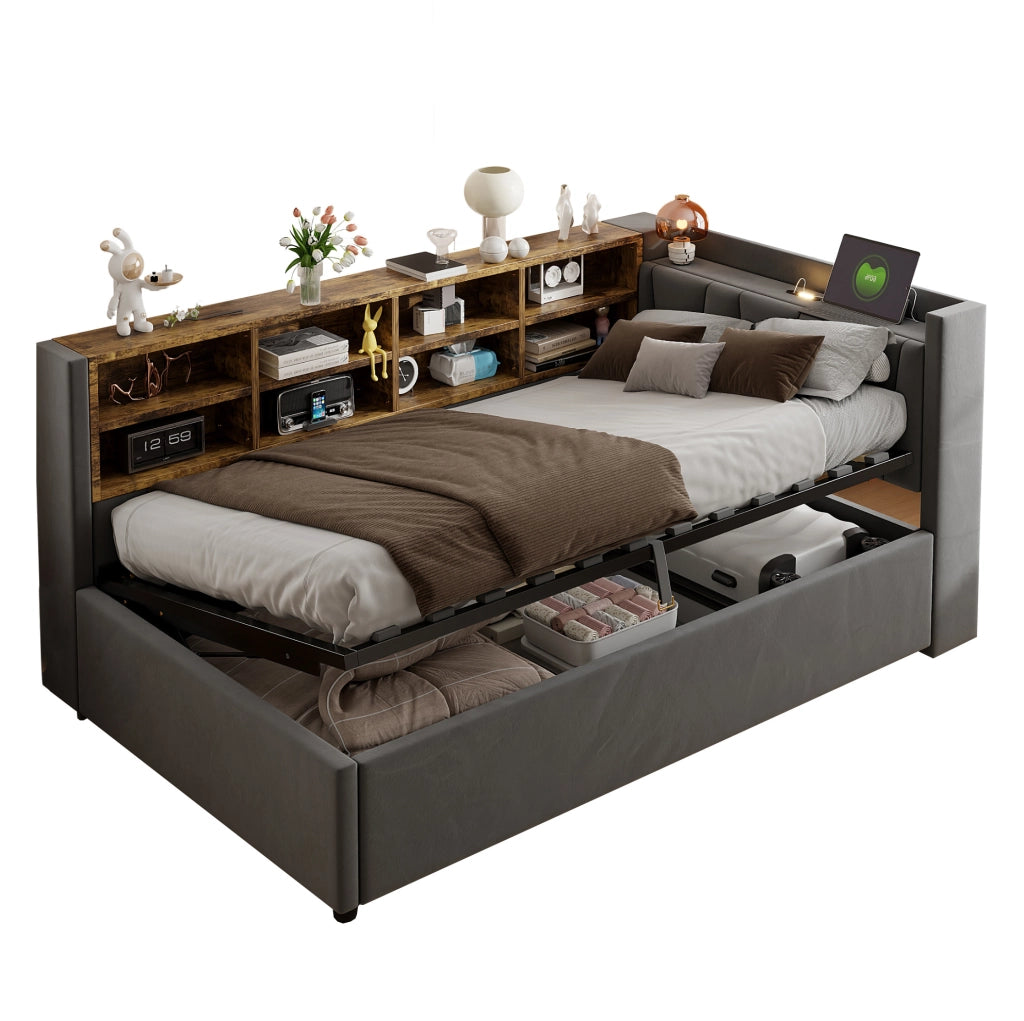 Letto imbottito 90x200 cm grigio in velluto con contenitore idraulico; luci e prese USB/Type-C