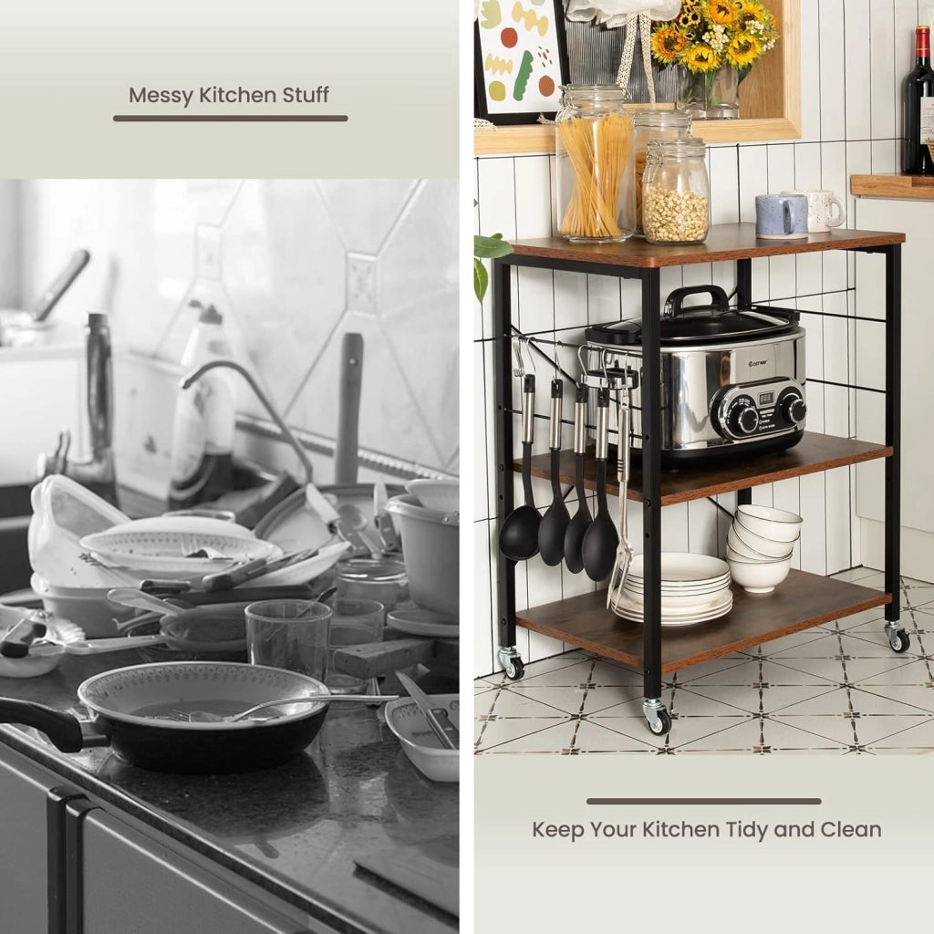 Carrello da Cucina a 3 Livelli con Ripiani Regolabili, Carrello Portaoggetti con 10 Ganci Rimovibili, per Supporto per Microonde, per Cucina e Sala da Pranzo, 60 x 40 x 73 cm (Marrone)