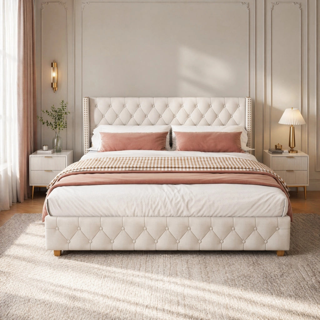 LETTO Imbottito 140x190 cm in Lino Beige con Testiera capitonné
