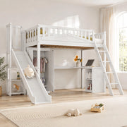 DESMIU Letto a castello Letto per bambini 1 posto con scivolo, scrivania e armadio, 90 × 200 cm, senza materasso, bianco