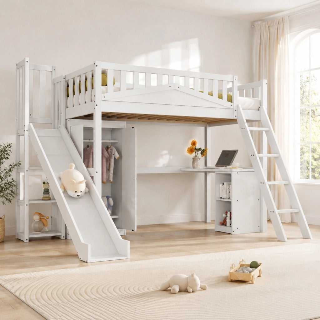 DESMIU Letto a castello Letto per bambini 1 posto con scivolo, scrivania e armadio, 90 × 200 cm, senza materasso, bianco