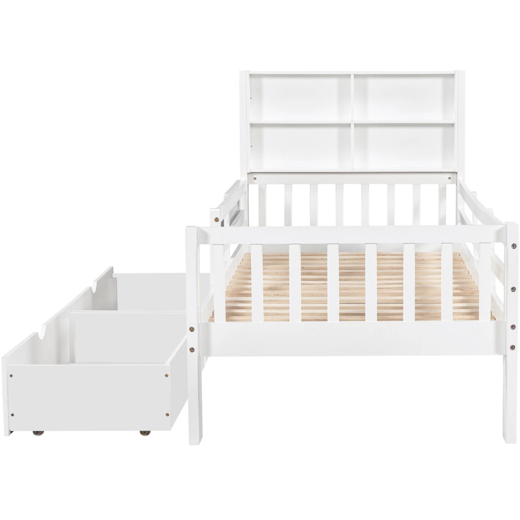 Letto per Bambini 90x200 cm con Lavagna; 2 Cassetti; Mensola e Sponda - Bianco