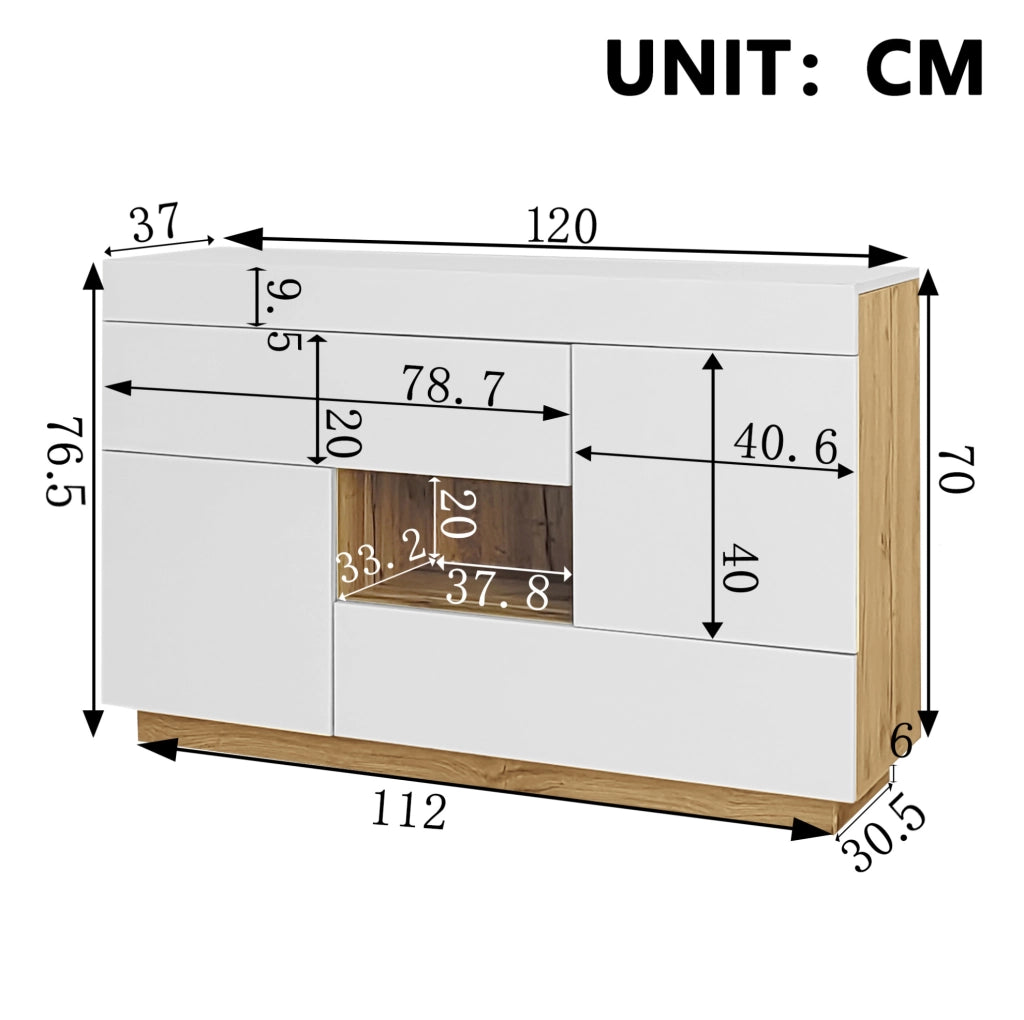 Credenza bianca con LED RGB, 2 ante e 2 cassetti, 120 cm