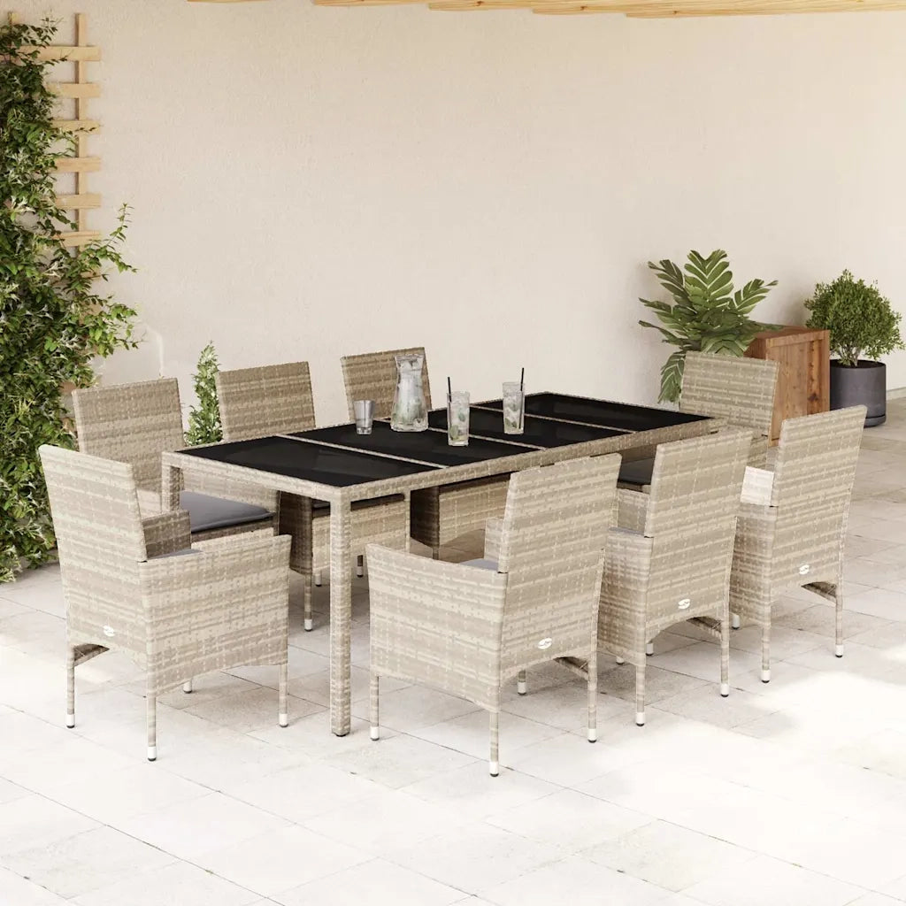 Set Pranzo Giardino 9 pz Cuscini Grigio Chiaro Polyrattan Vetro 3278578